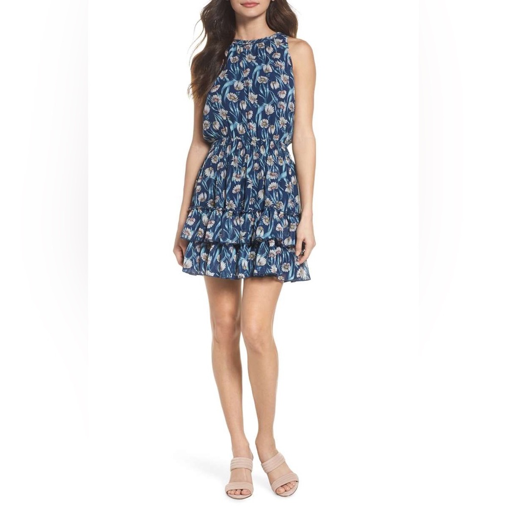 Foxiedox Blue Floral Ruffle Chelsea Sleeveless Mini Dress , size M